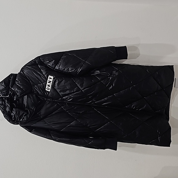 DKNY Jeans Diamond Quilted Hooded Water Resistant Coat Puffer Size XL Black - Picture 3 of 14